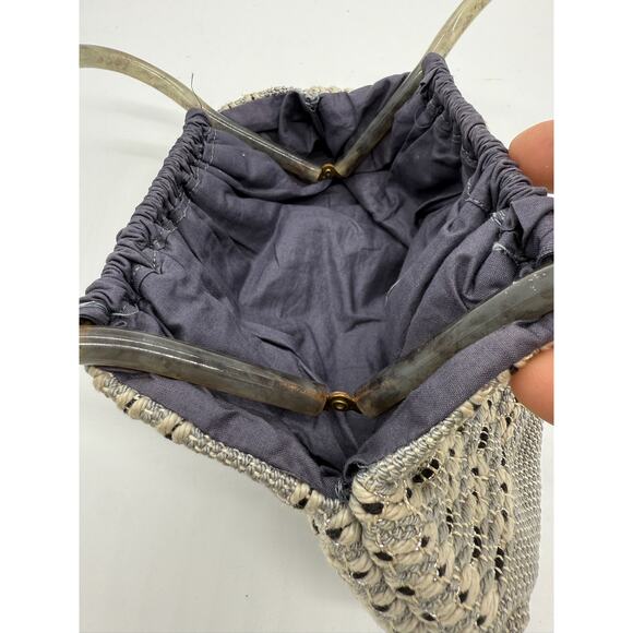 Vintage Antique 60's Style Macrame Top Handle Bag*Beautiful Navy Silver Threads - Picture 6 of 13